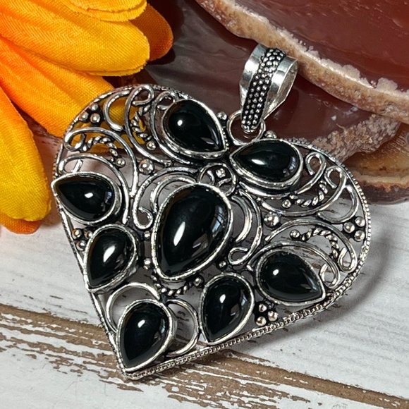 Heart Pendant Black Onyx Large Gemstone Handmade Statement 925 Silver Bohemian - Picture 6 of 10
